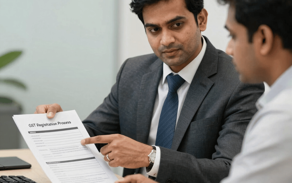 A consultant explaining the GST registration process and form to a client in a professional office setting.