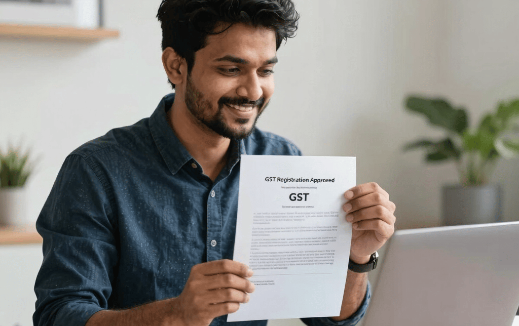 A smiling small business owner holding an approved GST registration document in front of his laptop.