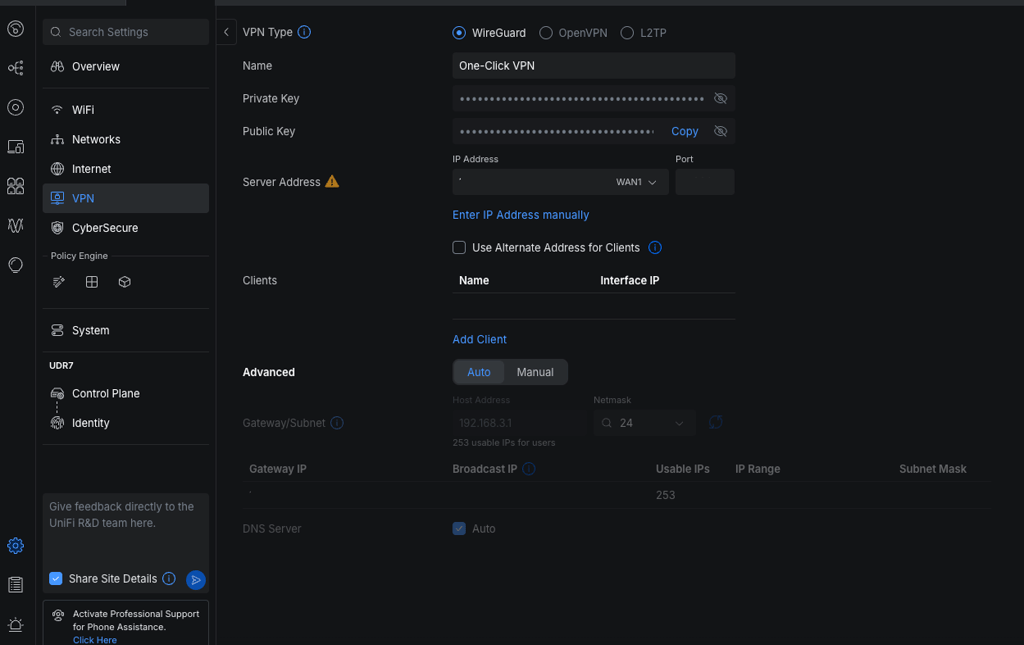 Instellingen menu van uniFi om een VPN-server te configureren.