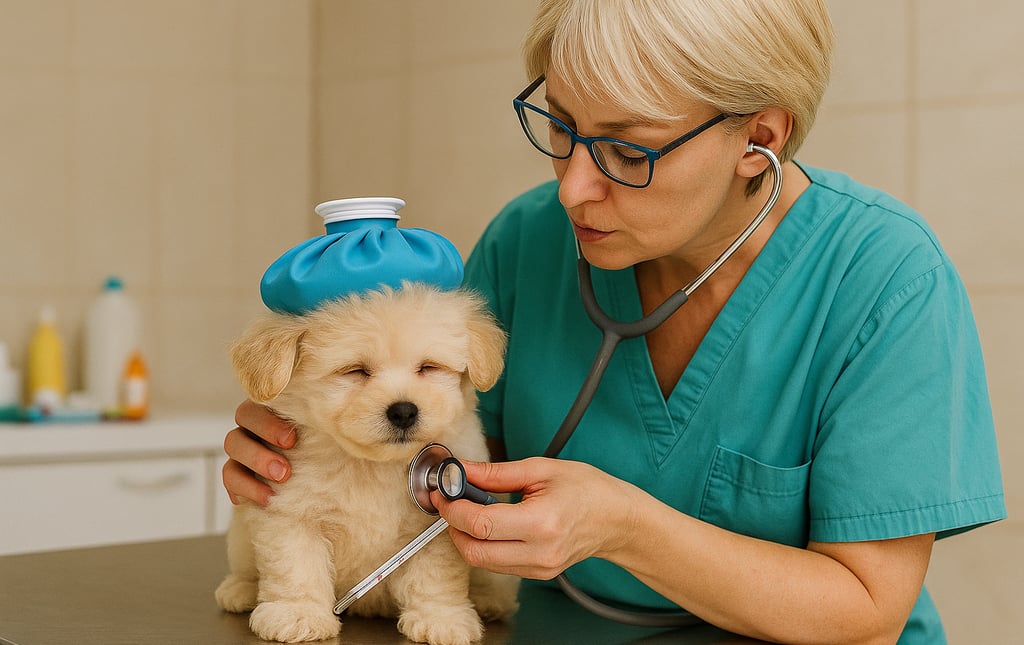 Maltipoo examined by vet photo