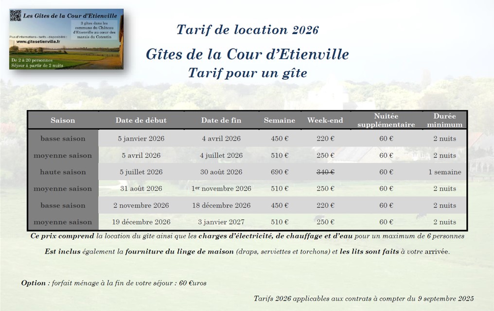 Tarifs Gîtes de la cour d'Etienville 2026 marais du Cotentin