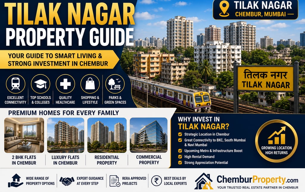 A Tilak Nagar Chembur property guide showing residential flats, commercial real estate, and Mumbai local train connectivity.