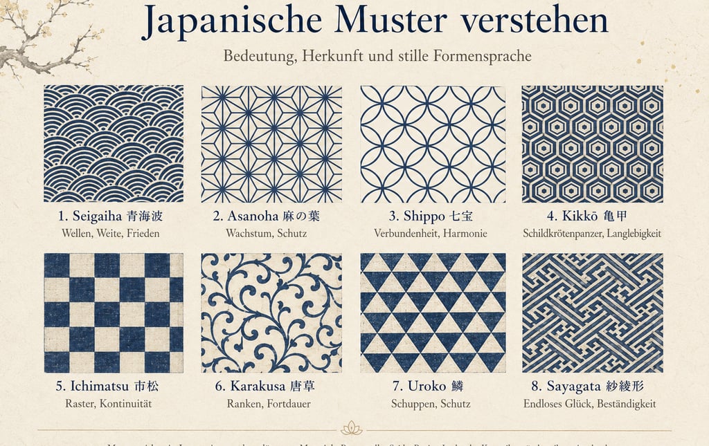 Infographic showing eight traditional blue Japanese patterns like Seigaiha and Asanoha with their meanings.