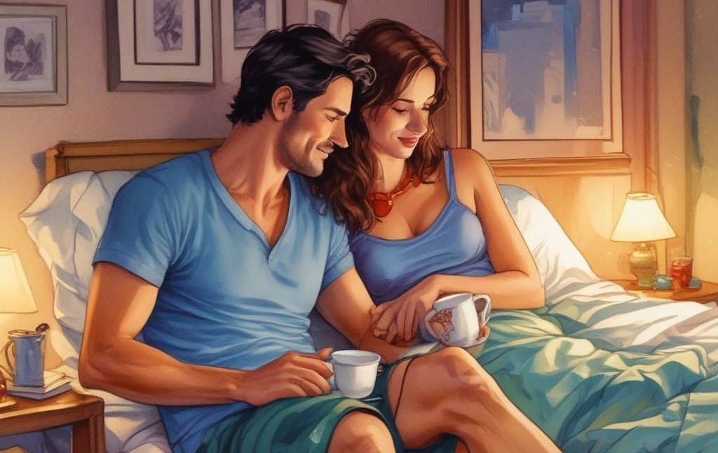a couple reconnecting in a cozy bedroom after putting kids to bed showing signs of ignited intimacy.