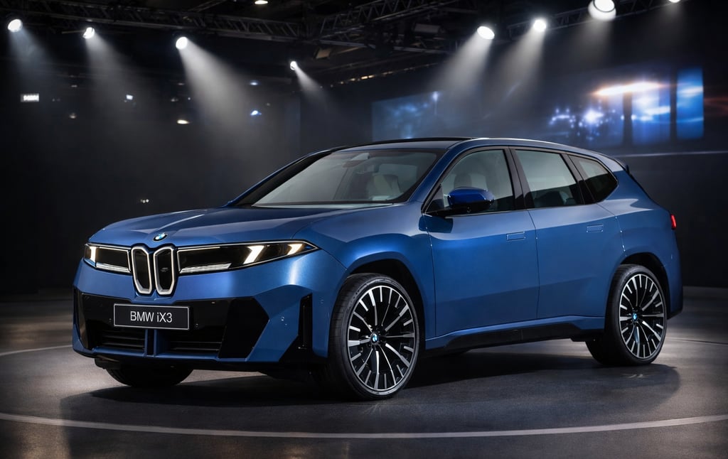 BMW iX3 2026 carro do ano com tecnologia Panoramic Vision em salão de apresentação