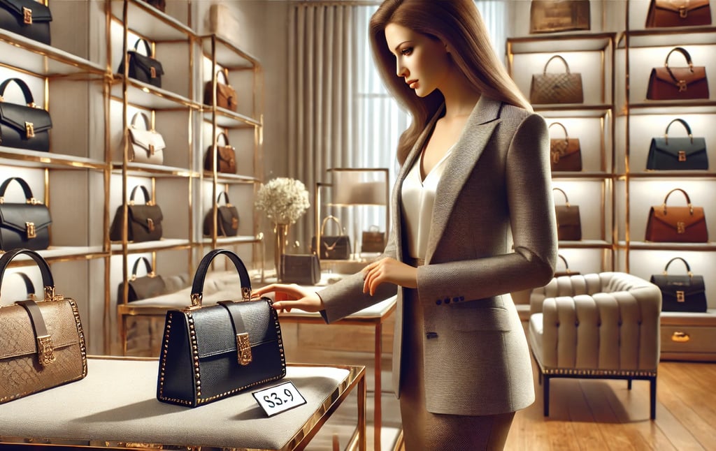 a woman in a suit and a purse