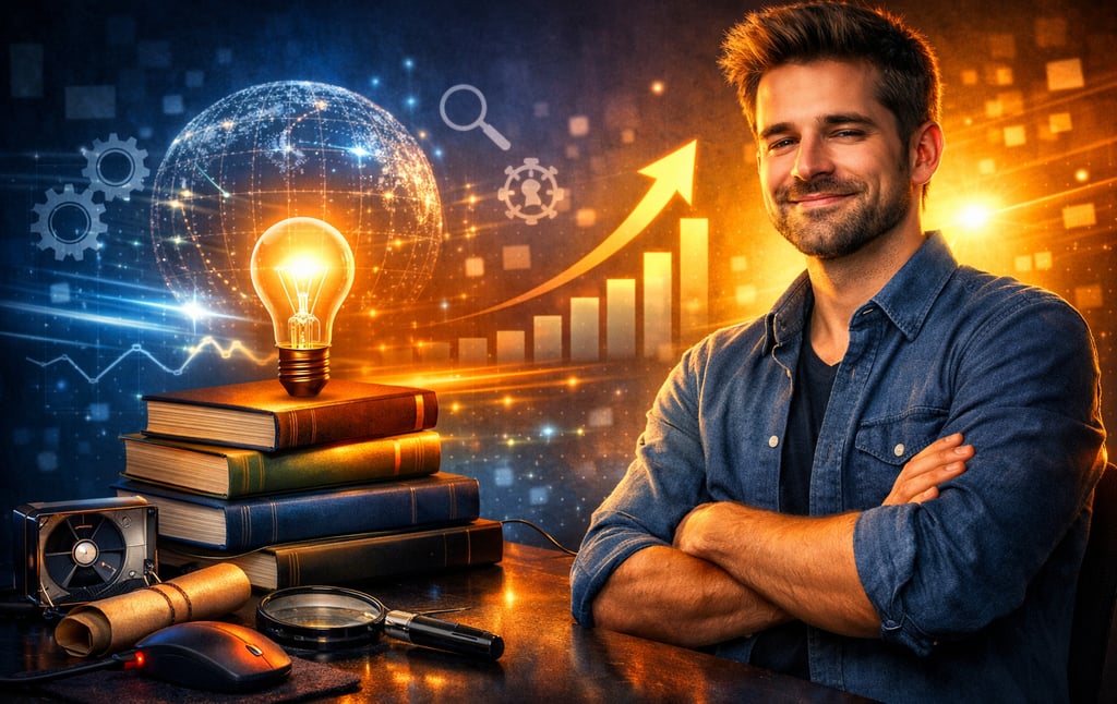 Empreendedor digital sorridente com lâmpada acesa, gráfico de crescimento de negócios