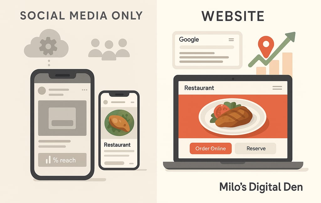 Side-by-side graphic comparing a restaurant’s social feed with a website showing Order Online and Re