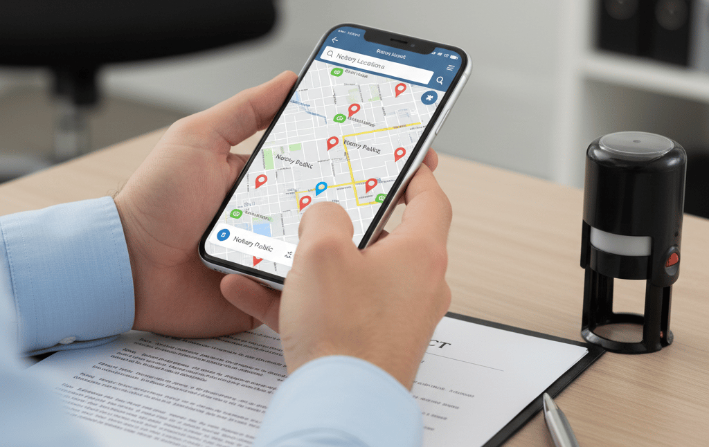 person searching for nearby notary services on phone map