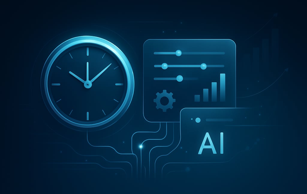 Digital clock and analytics icons connected to “AI,” representing AI-powered business automation and performance tracking.