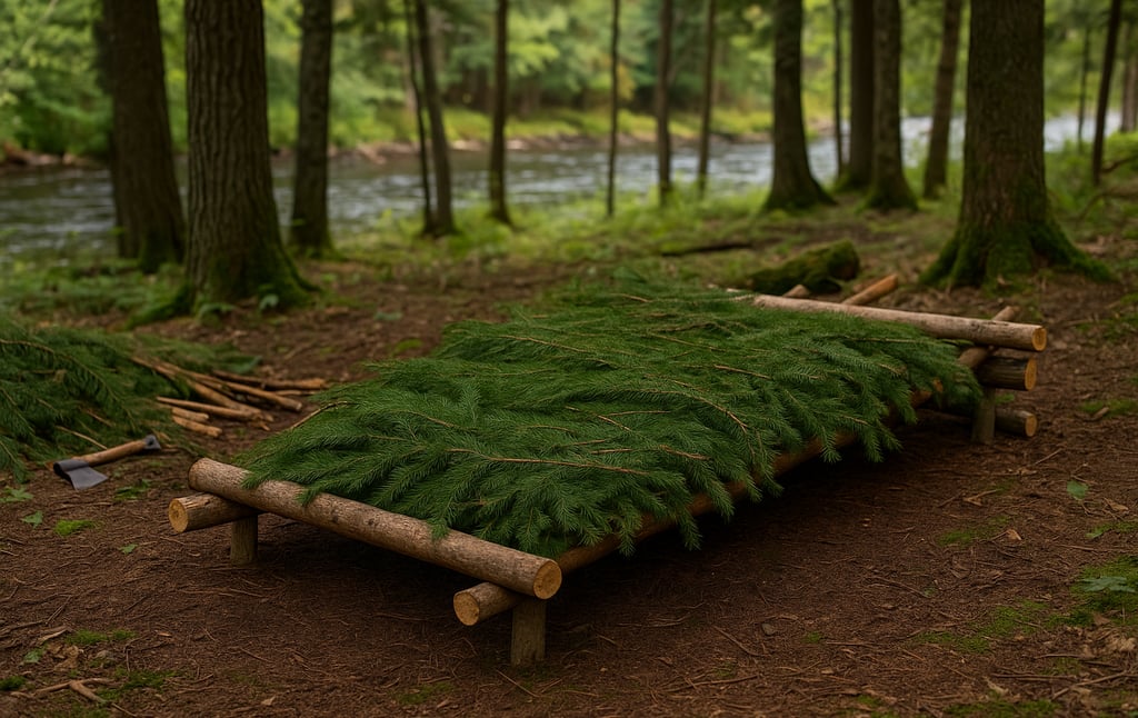 Wilderness raised Bough bed Shelter covered in evergreen boughs for insulation