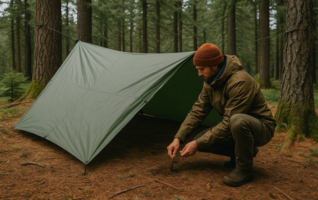 Bushcrafter setting up tarp shelter in forest for primitive wilderness camping