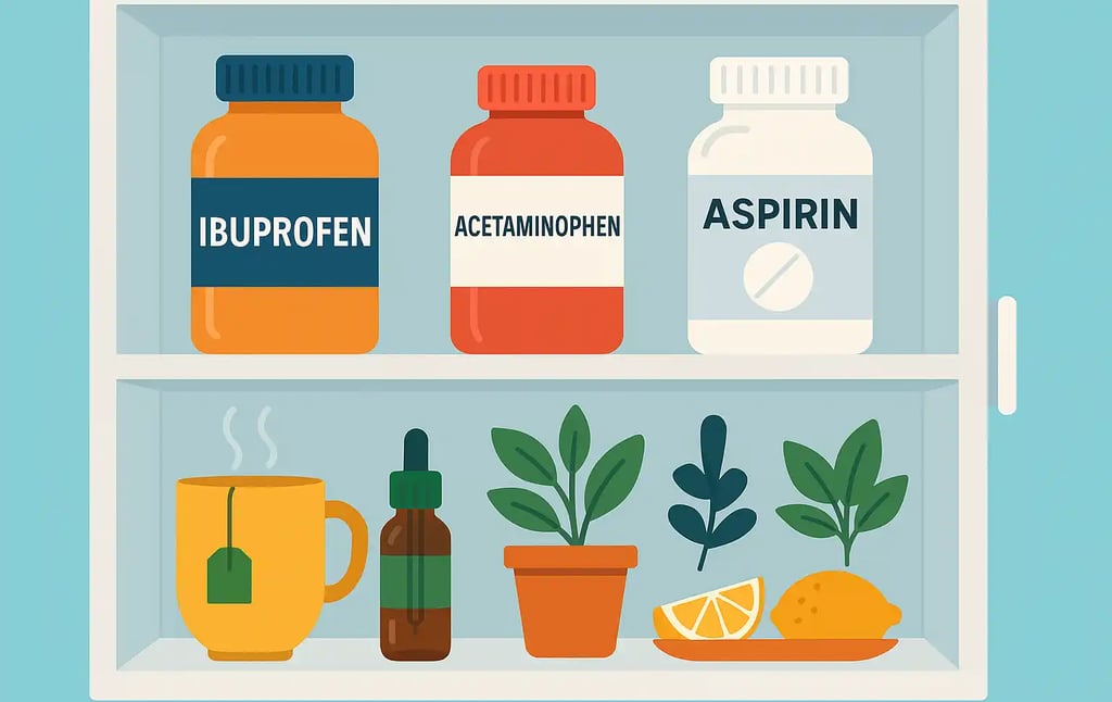 Illustration of an open medicine cabinet w ibuprofen, acetaminophen, & aspirin bottles, herbs, tea, & lemon natural remedies