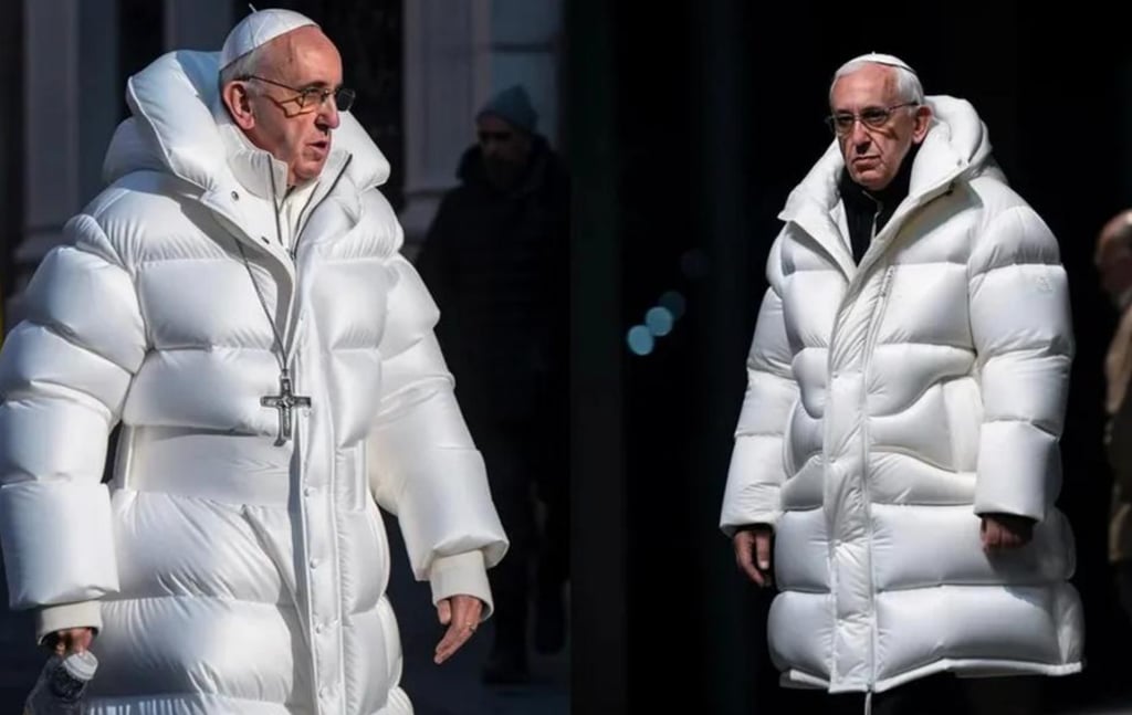 AI-изображение Папы Римского в белом пуховике Balenciaga, созданное в Midjourney.