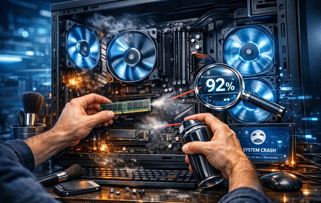 Técnico reparando um PC gamer personalizado com upgrade de RAM