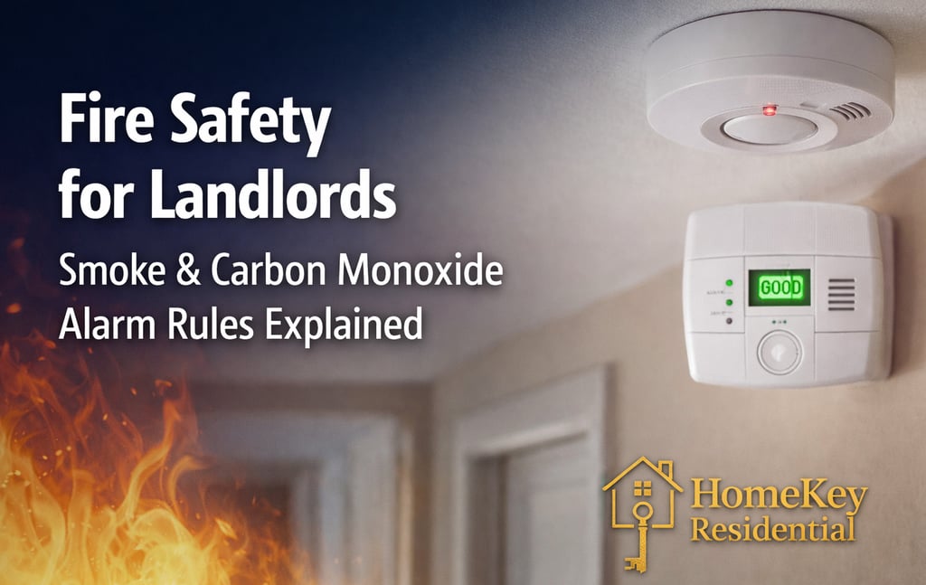 Smoke and carbon monoxide alarms on a wall for landlord fire safety compliance and regulations.