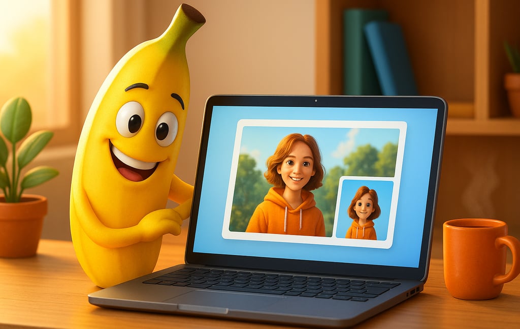 3D illustration of Google’s Nano Banana AI tool as a banana character with a laptop showing creative