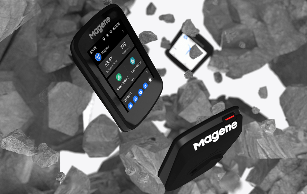 Magene GPS cycling computer showing performance data amidst floating rocks for rugged durability.