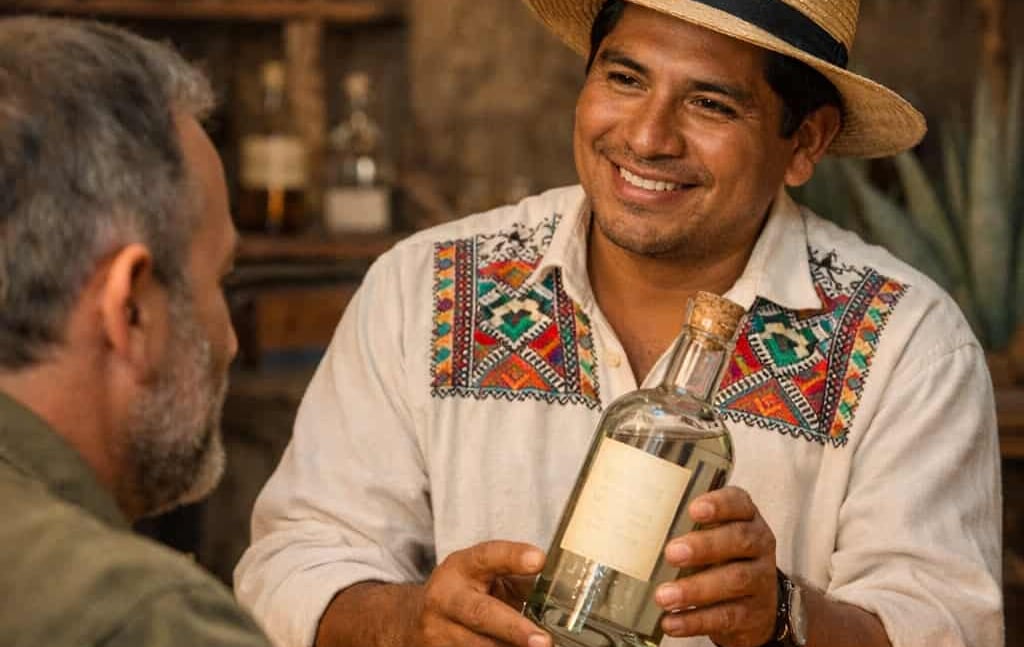  Persona mostrando una botella de mezcal artesanal a un cliente en un entorno cálido y cercano