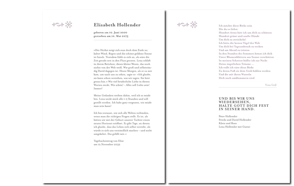 Textbeispiele für großformatige Gedenkkarten in editorialem Design