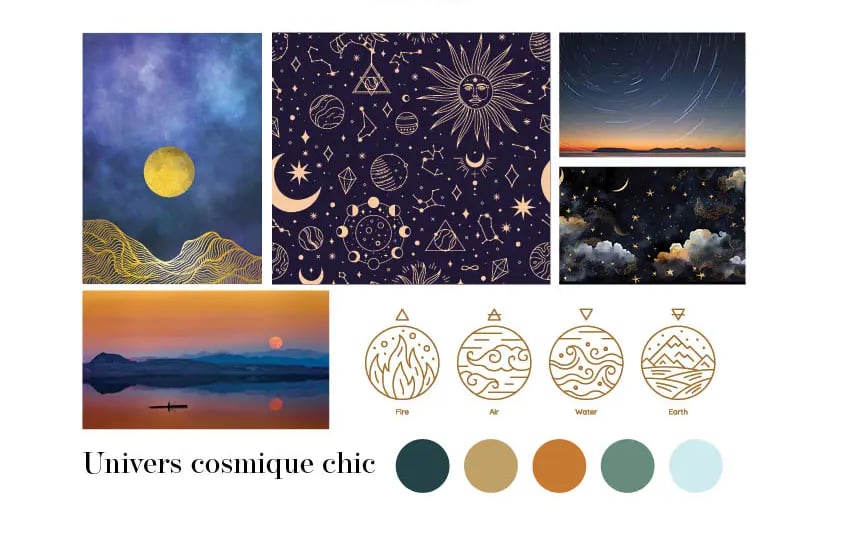Moodboard Univers cosmique chic pour DAL Créations