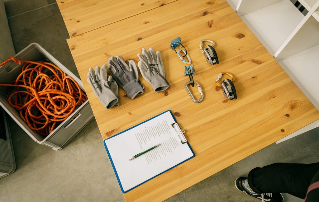 climbing carabiners, belay devices and climbing rope
