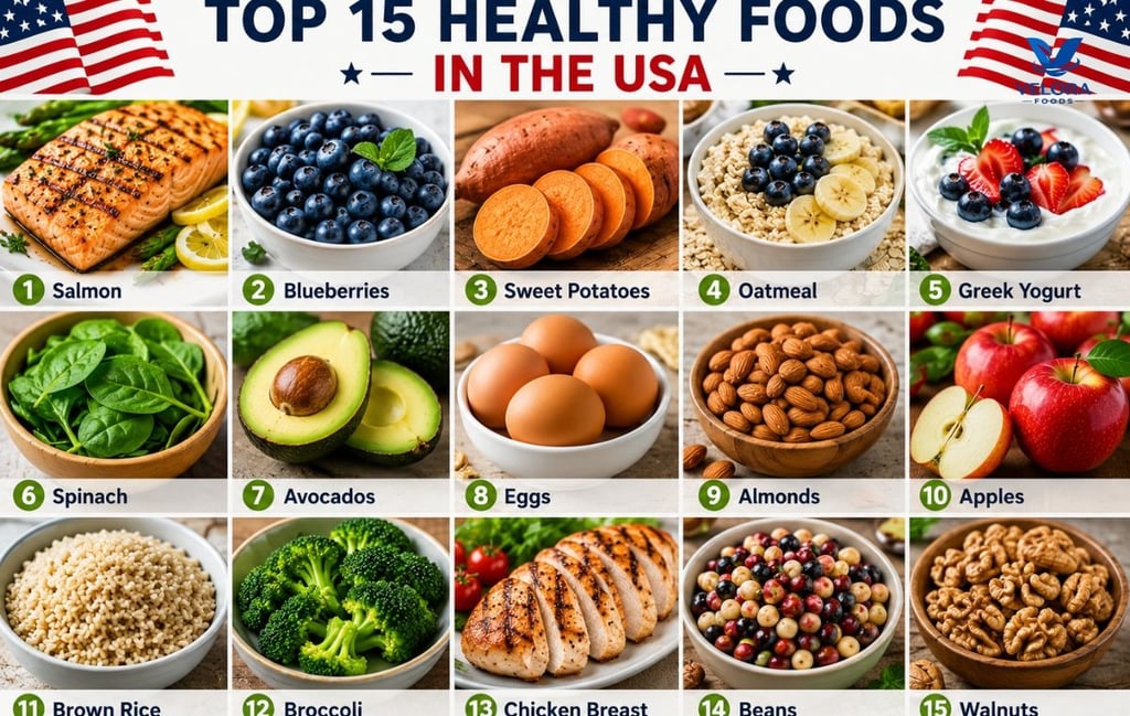 Collage of the top 15 popular American foods, including fruits, vegetables, whole grains, seafood, a