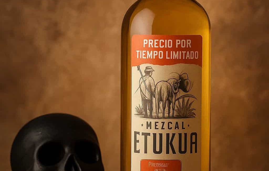 Botella de mezcal artesanal Etukua con una etiqueta de 'Descuento por Tiempo Limitado' junto a una 