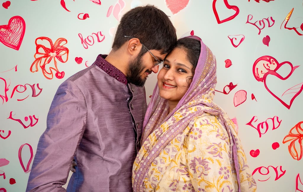 a man and woman in a purple outfit