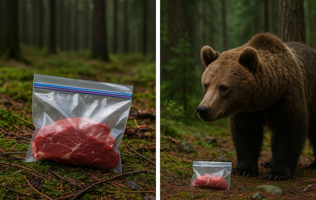 Bear attracted to unattended bag of raw meat highlighting dangers of improper food storage in bear country camping