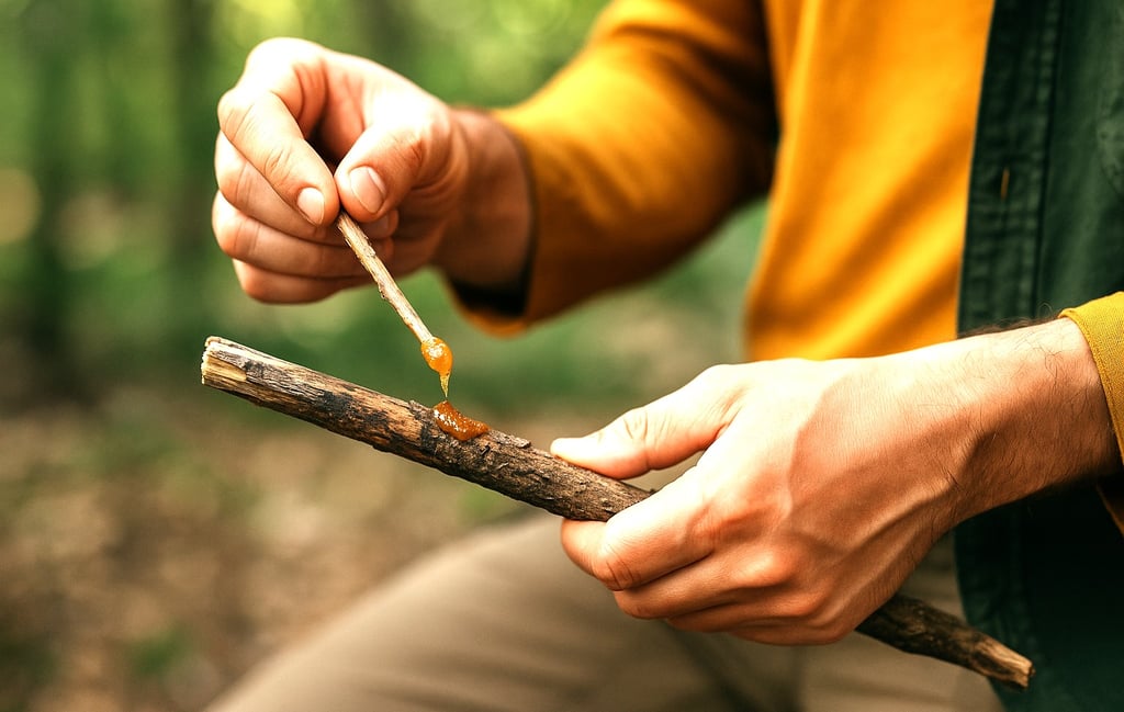 Man scraping stick to collect or apply natural resin, survival crafting with primitive glue for repairs and tools