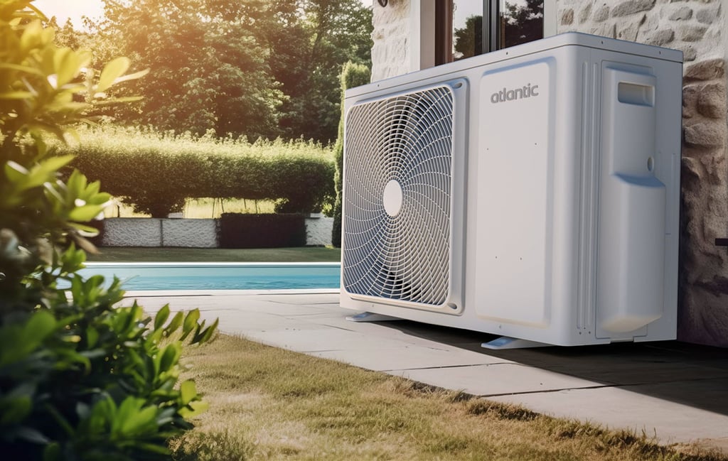 Atlantic air source heat pump installed outdoors on a stone wall patio next to a swimming pool.