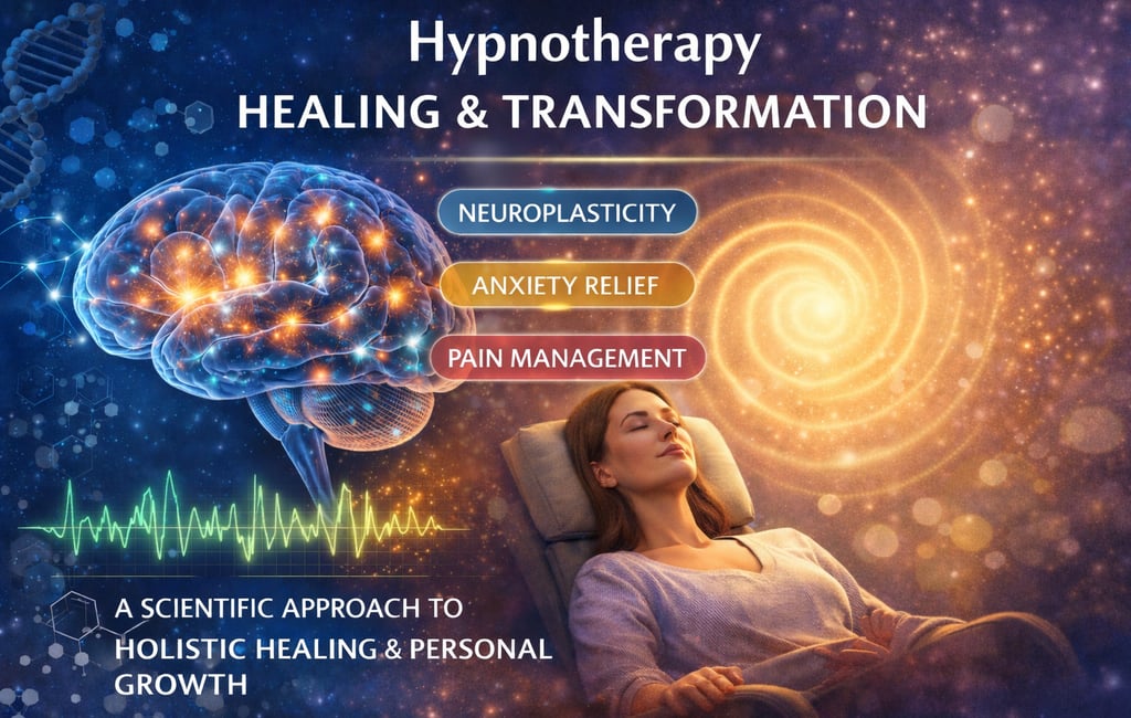 Hypnotherapy for healing and transformation featuring neuroplasticity, anxiety relief, and pain management.