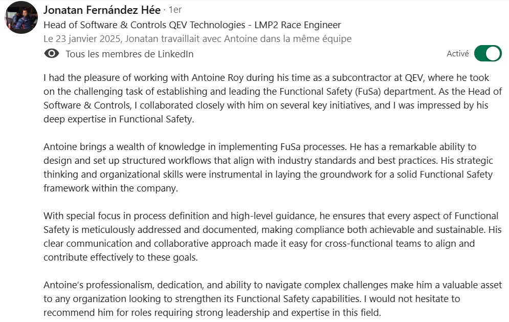 Testimonial from my hiring Manager in QEV Technologies