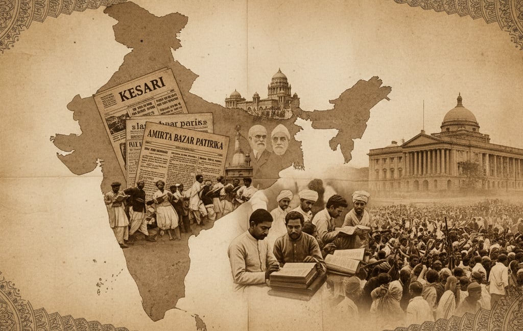 Banner showing key elements of the rise of Indian nationalism, including reformers, British-era.