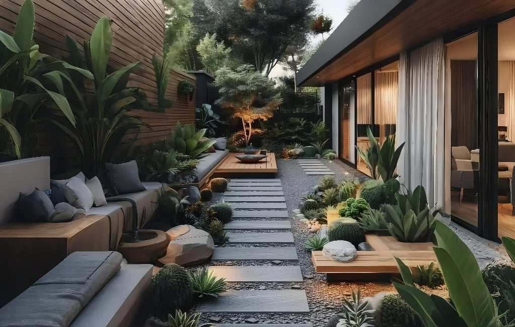 Modern outdoor patio landscape design featuring a zen garden with stone pavers, succulents, and lush tropical plants.