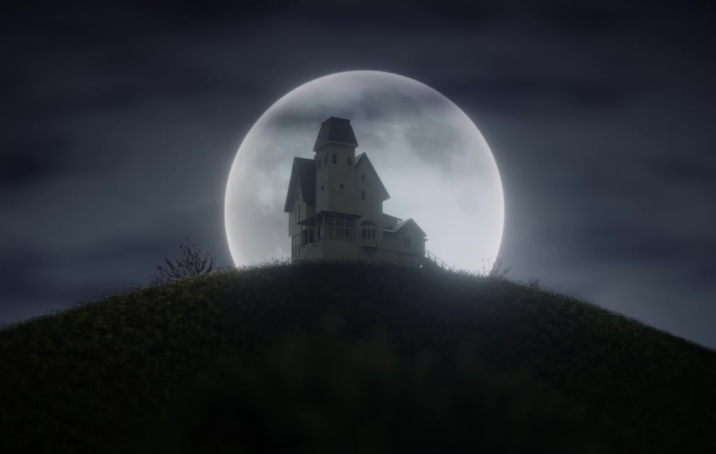Beetlejuice iconic house on a hill , full moon in the background, recreated by Neopixel Digital