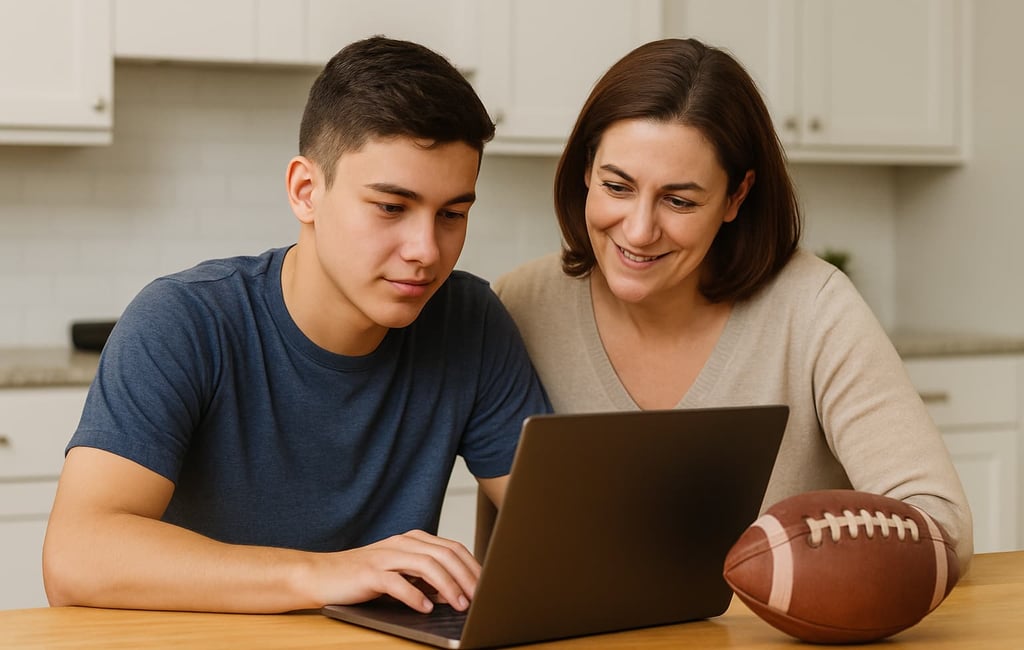 ifb-rookie-package-Mother assist student-athlete w/ recruiting letter to college coaches on laptop 