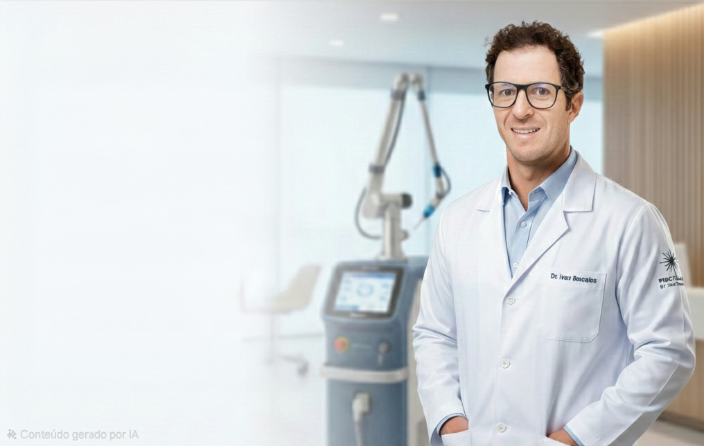 A smiling male doctor in a white coat standing next to a medical laser machine in a clinic.
