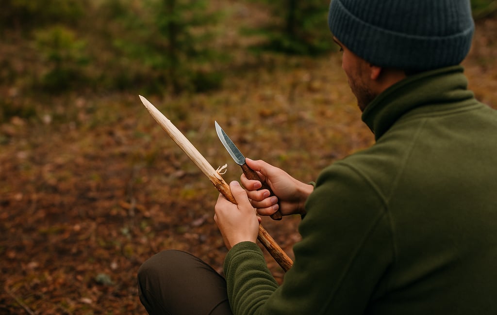 Person carving wood with survival knife in wilderness, crafting tools or preparing kindling in bushcraft context