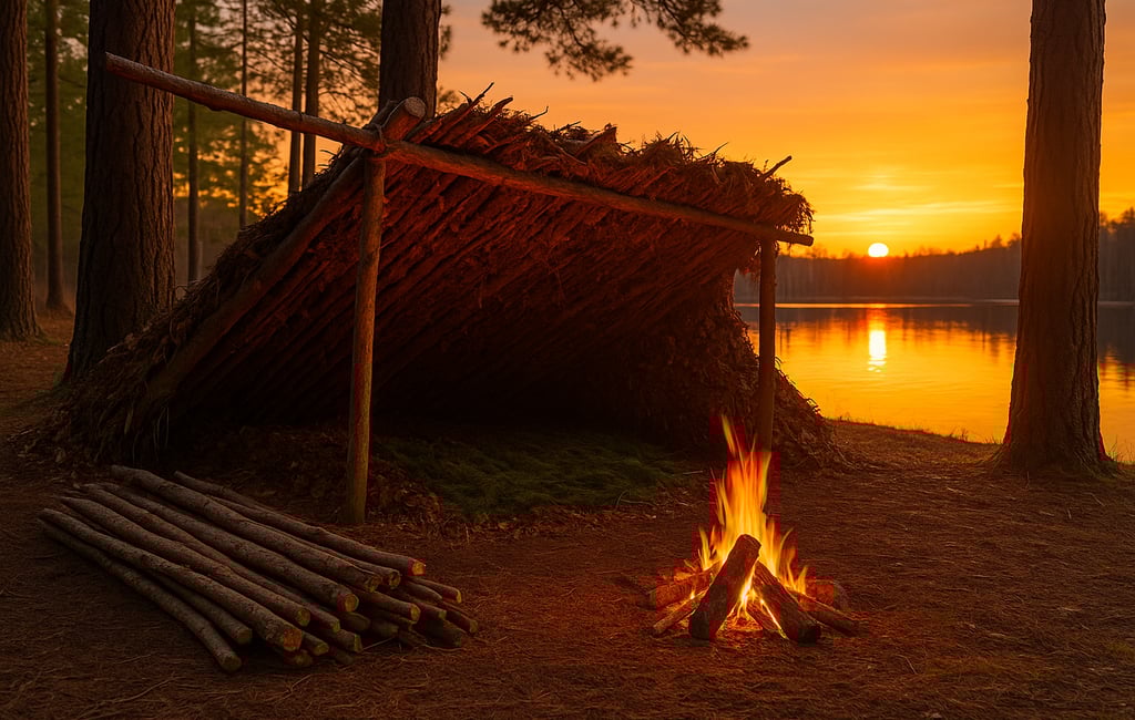 Lean-to shelter near water with campfire and wood pile, sunset wilderness camping scene