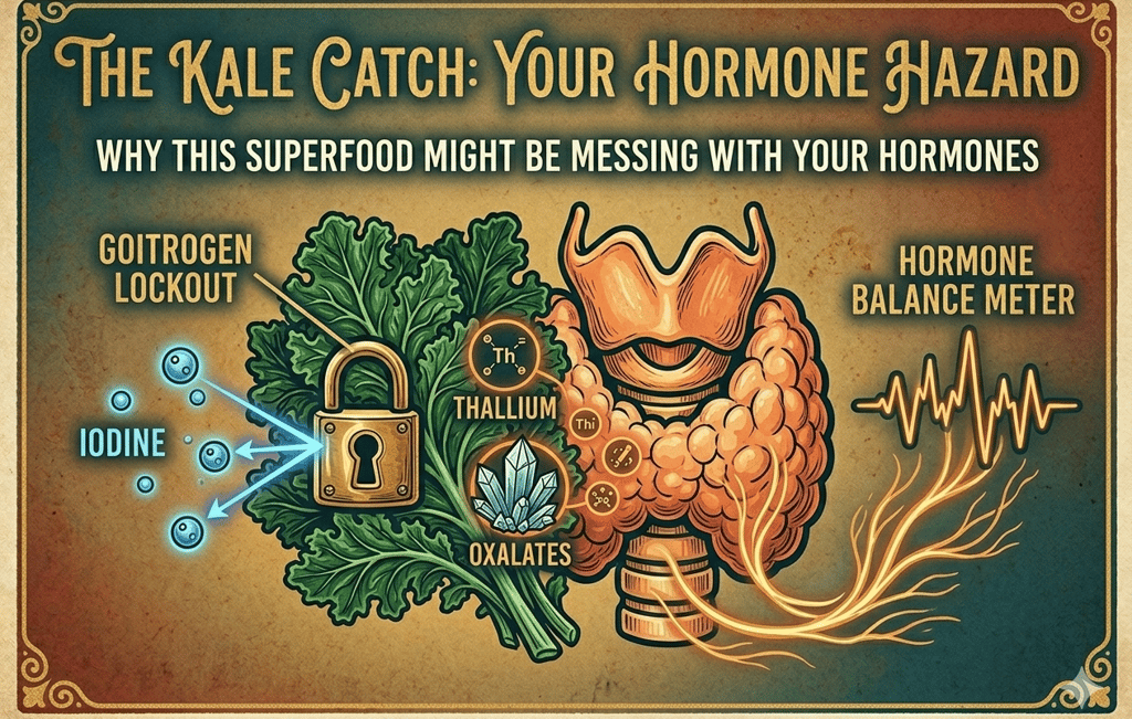 "A stylized 3:2 illustrative diagram titled 'The Kale Catch: Your Hormone Hazard.' A detailed visual