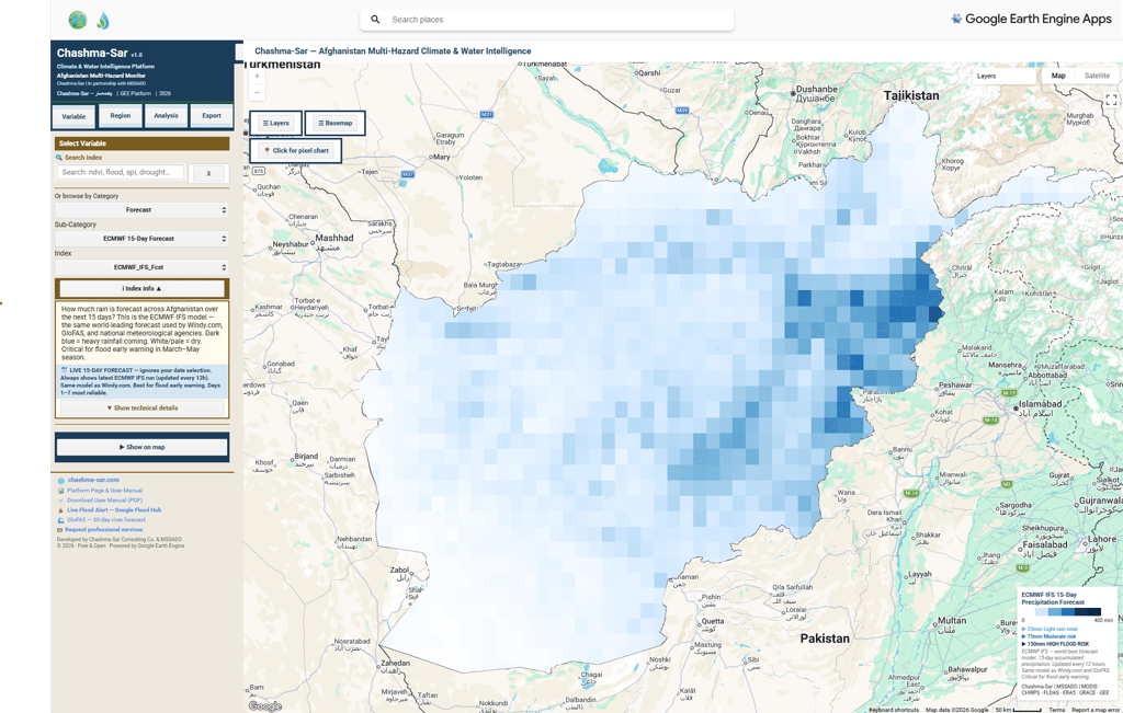 Multi-hazard climate and water intelligence map showing precipitation forecasts over Afghanistan and surrounding regions.
