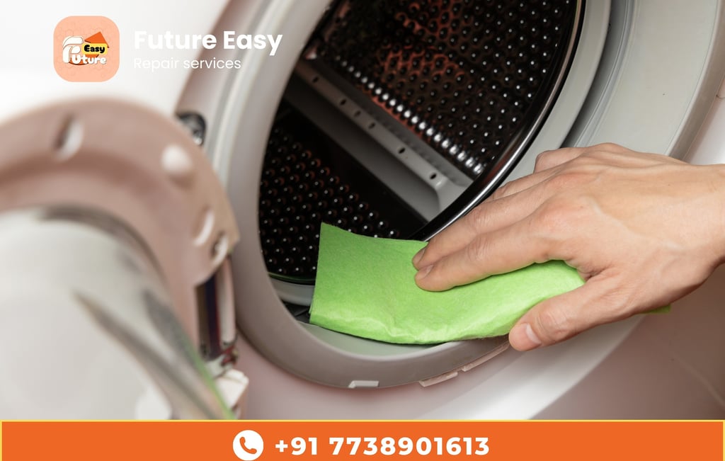 Hand cleaning a washing machine drum, featuring "Future Easy Repair Services" branding.