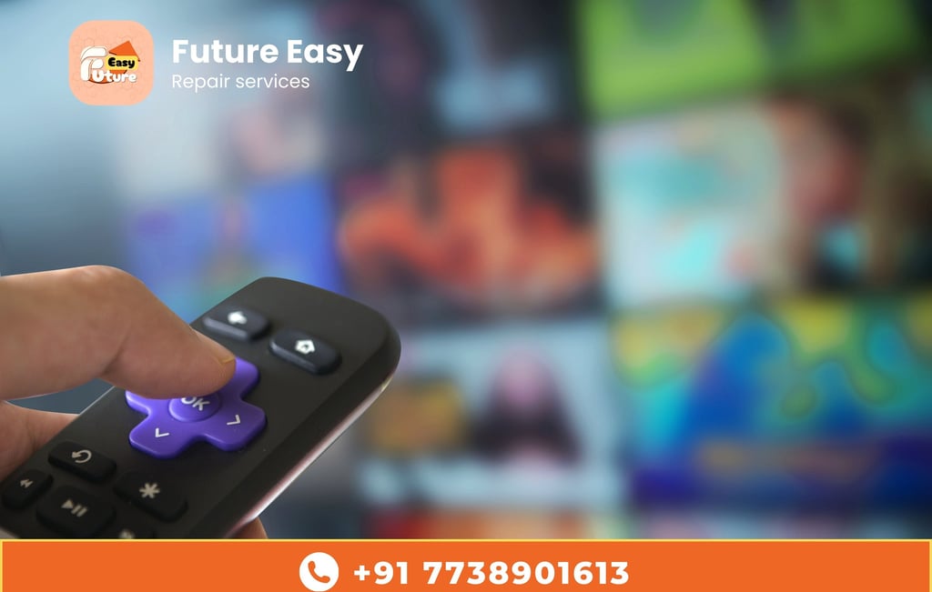 A person pressing a button on a TV remote, with a blurred TV screen in the background.