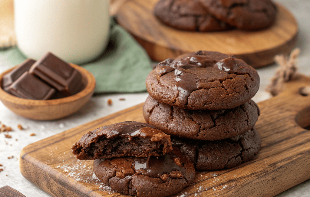 Homemade triple chocolate fudge cookies served with a glass of milk