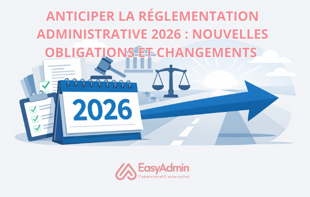 Illustration des réglementations administratives 2026 avec calendrier et flèche vers l’avenir.