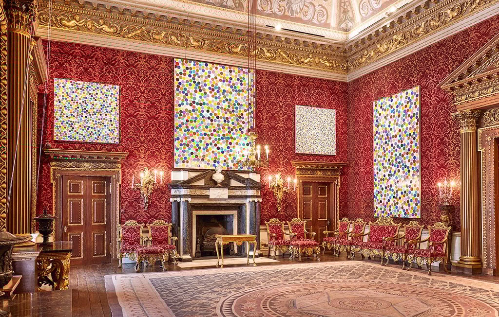 Damien Hirst spot paintings in ornate Houghton Hall.