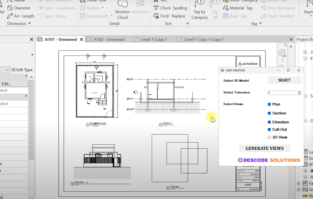 Image depicting Revit Customization tool generating plan, elevation and section views from 3D model