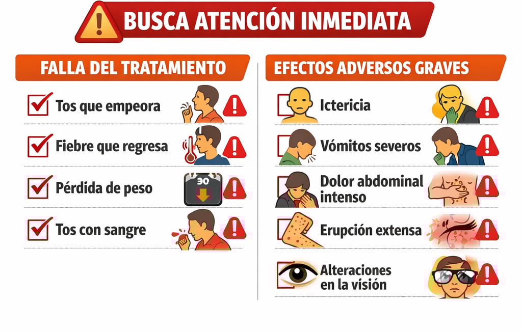 Lista de señales de alarma durante tratamiento de tuberculosis que requieren atención médica urgente